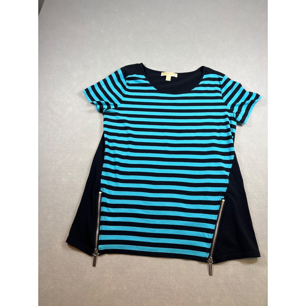 Michael Michael Kors Womens Large Striped Side Zip Short Sleeve Top Black Teal